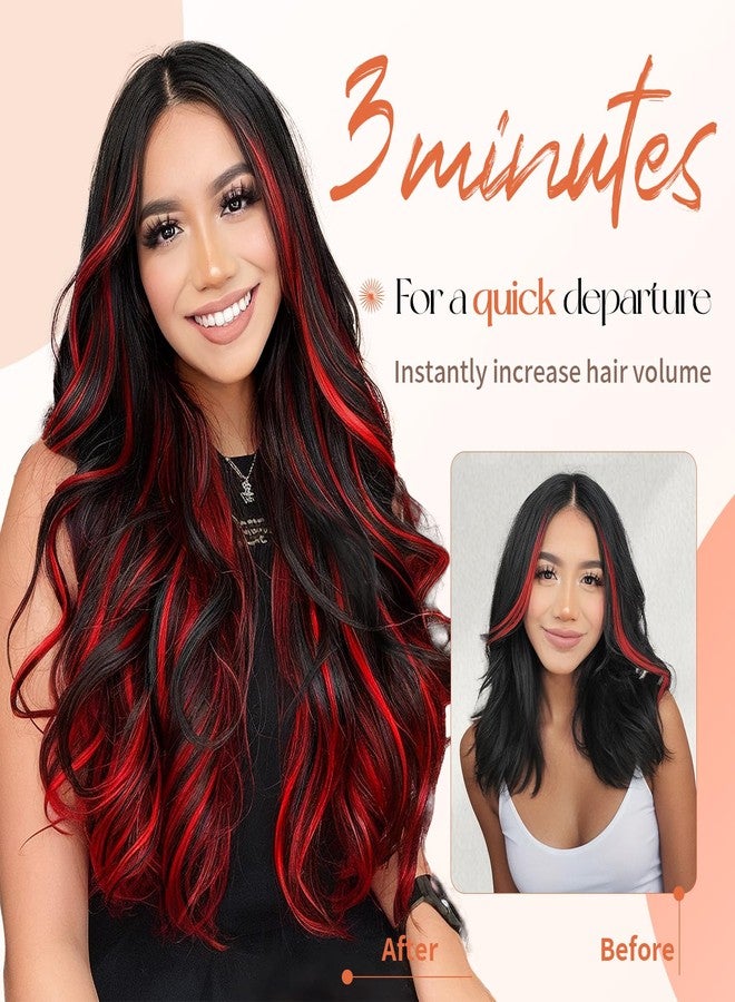 KooKaStyle Clip In Hair Extensions, Natural Long Layered Soft Invisible Synthetic Curly Wavy Hairpieces for Women, 4 pcs (20 Inch,Black Mix Red Highlights) - Image 5